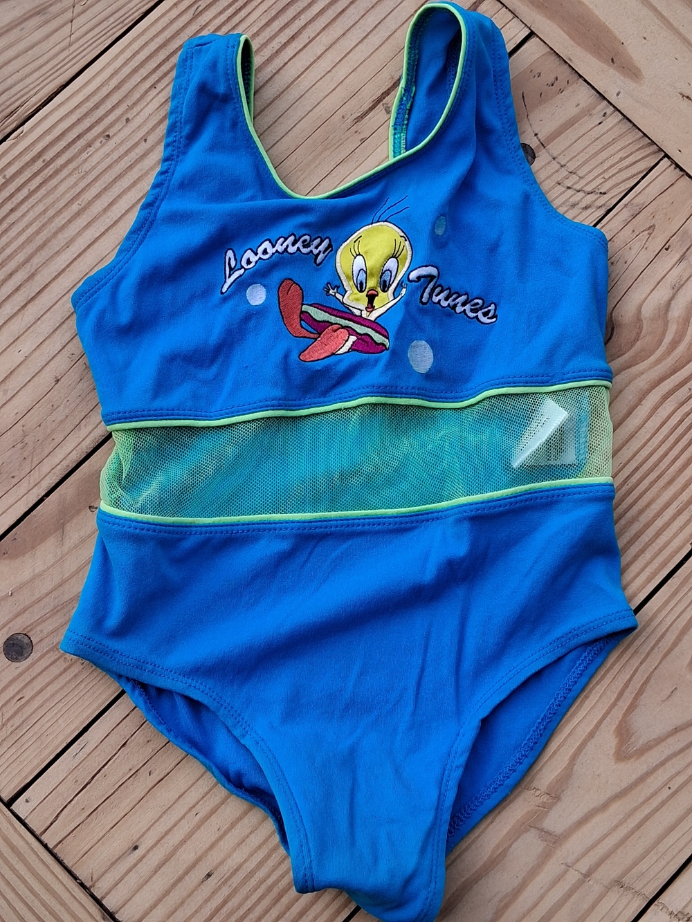Warner Bros. Blue Swimwear with Neon Green Mesh and Looney Tunes Tag Kids Size 4